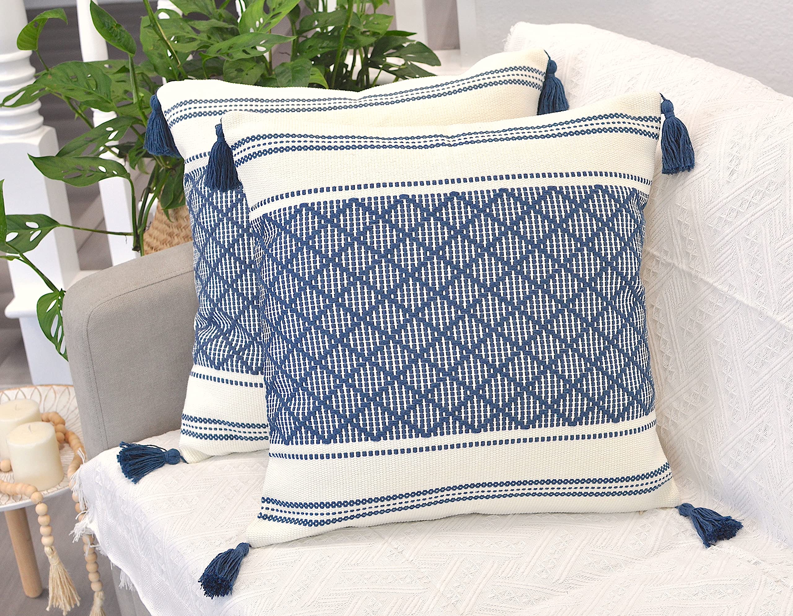 Oveesha Boho Geometric Pillow Covers with Tassels Navy Blue, 20x20 inch -Pack of 2 Outdoor or Indoor/Designer Plaid Cushion Covers for Couch, Bed,