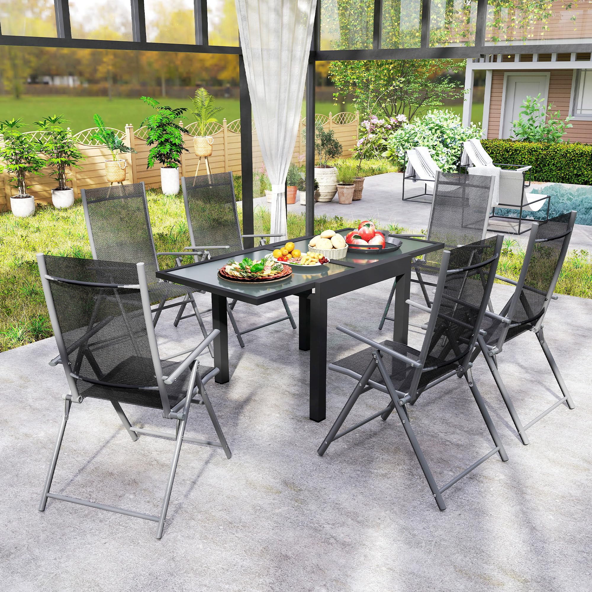 Outsunny Gartentisch, Balkontisch mit Klappbarer Tischplatte, Terrassentisch mit Glas Tischplatte, Esstisch für Garten, 160 x 80 x 75 cm Transparent