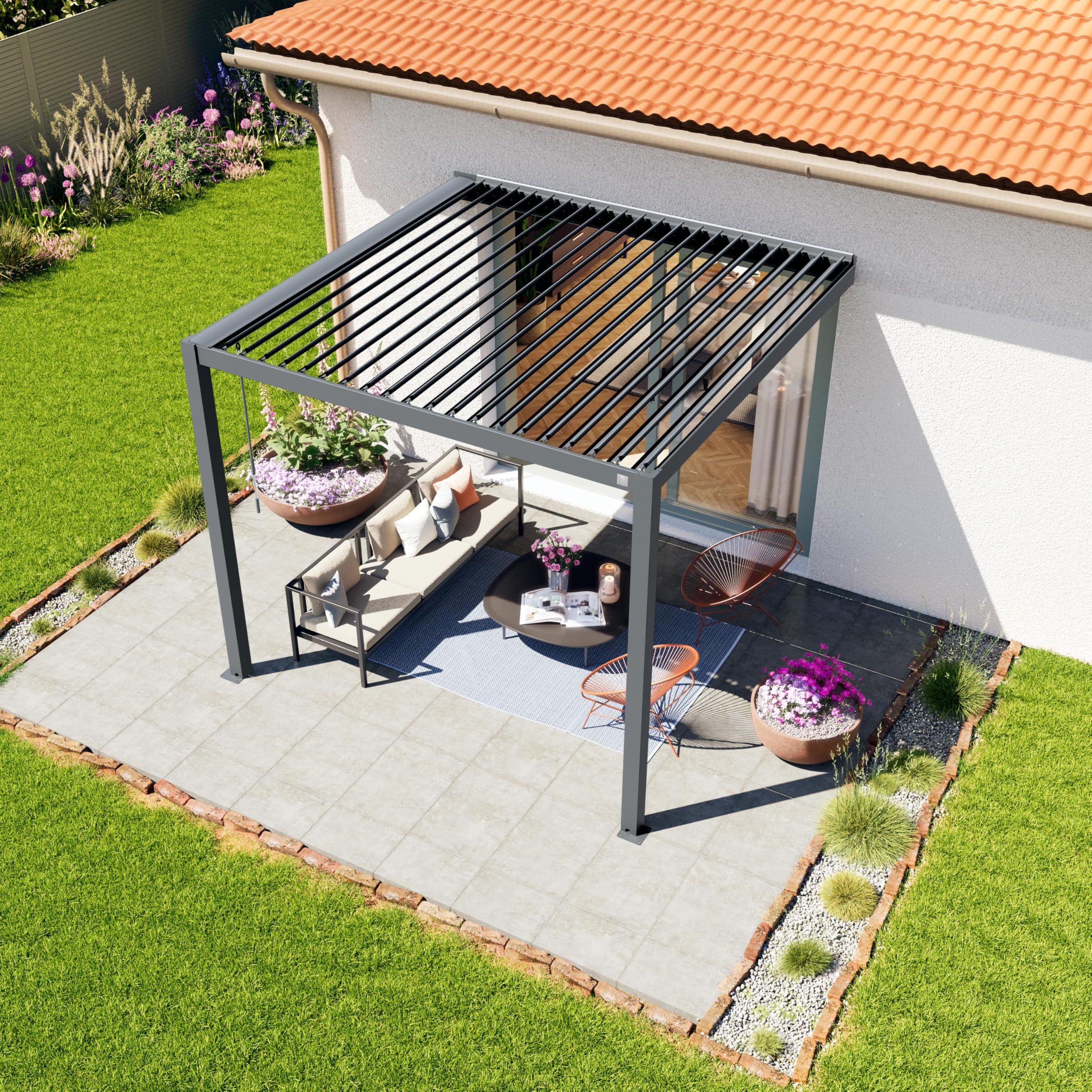 PRIMEYARD Pergola addossata 3x3 m montanti in alluminio con tetto a doghe in acciaio pergola a muro color antracite