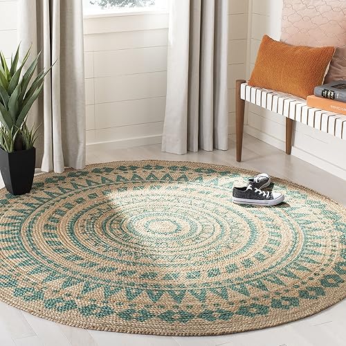 SAFAVIEH Natural Fiber Round Collection NF802E - Alfombra redonda de yute trenzada con mandala bohemia de 6 pies, color verde azulado