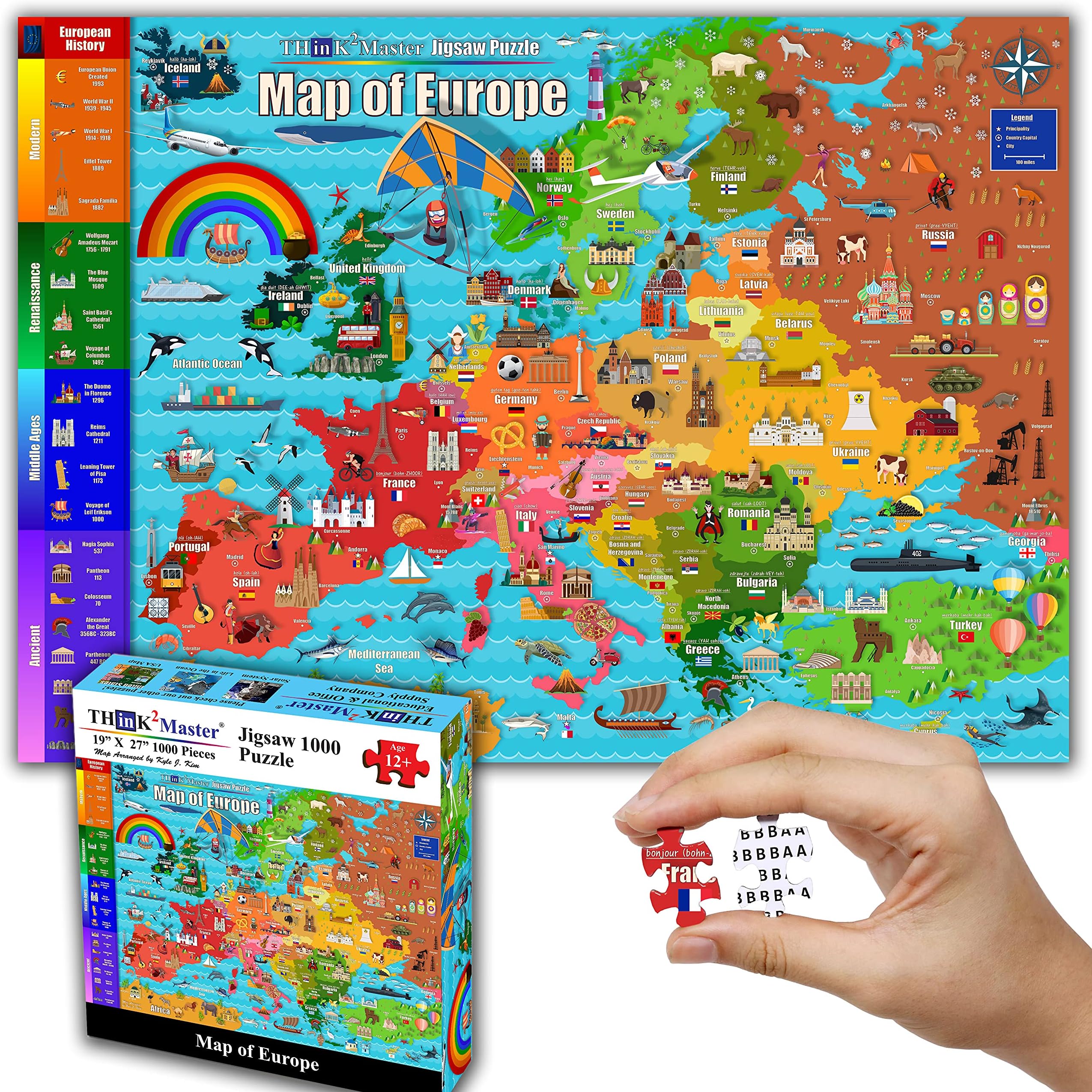 Colorful Map of Europe 1000 Pieces Jigsaw Puzzle for Kids 13+, Teens, Adults & Families. Great Gift for stimulating Interest in the European Map. Size: 26.8” X 18.9”