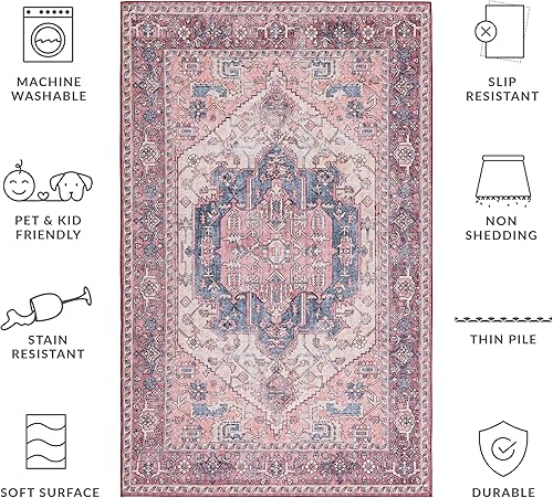 Miniatura 4 de SAFAVIEH Alfombra lavable Tucson Collection - 6 x 9 pies, beige y rosa, antideslizante, ideal para zonas de alto tráfico en sala de estar,