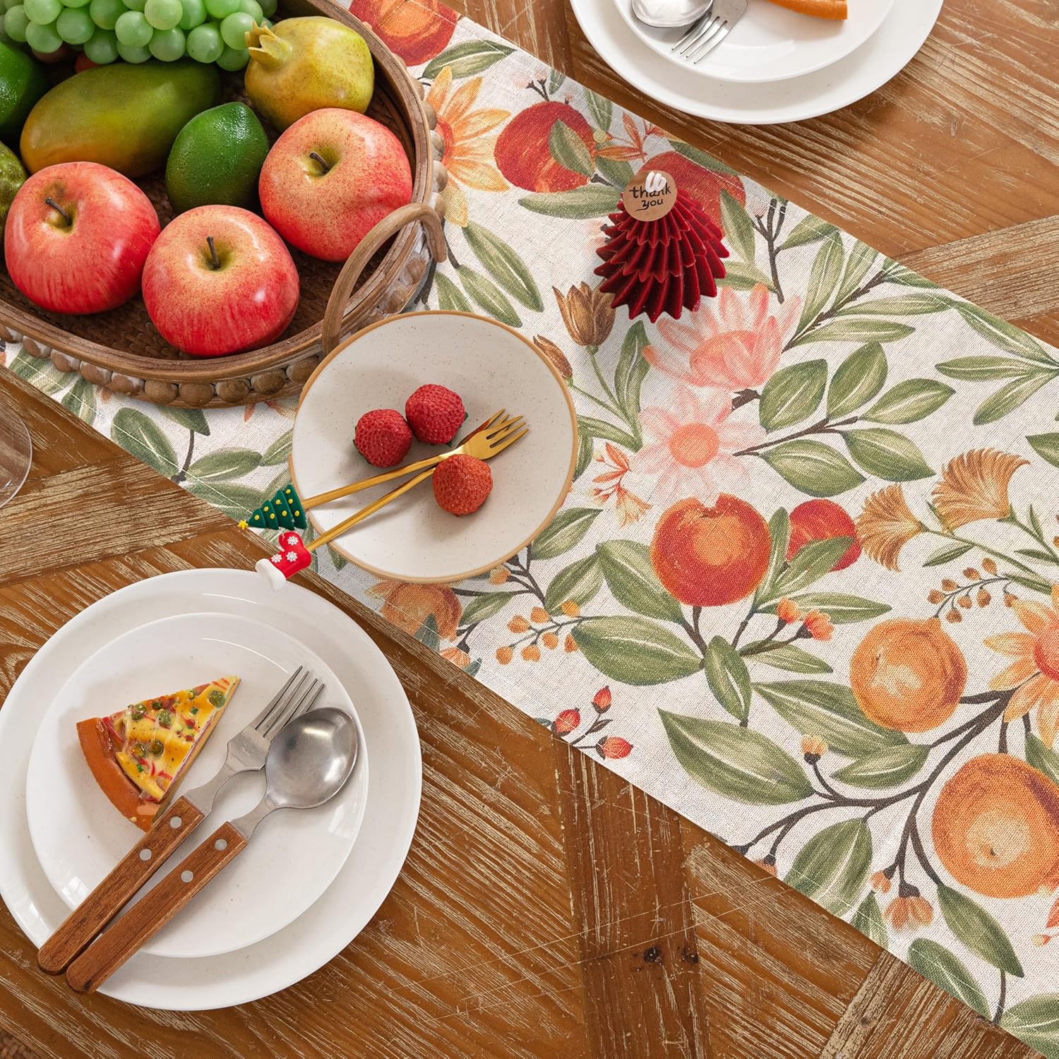 DriftAway Orange Harvest Linen Table Runner Rectangle Dining Table Cover for Thanksgiving Floral Autumn Fall Printed Vintage Pattern Wrinkle Free Machine Washable 13 x 72 Inch Orange Coral Gold