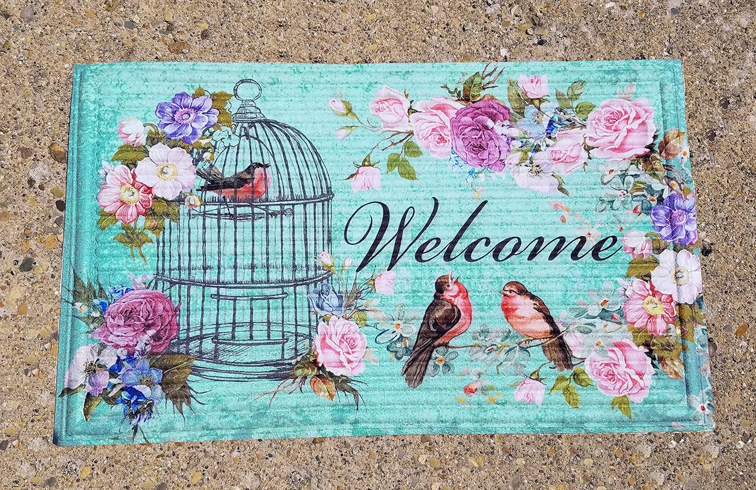 Welcome Doormat Spring Flowers, Birds and Birdcage Print Outdoor Mat 18 x 30 inches