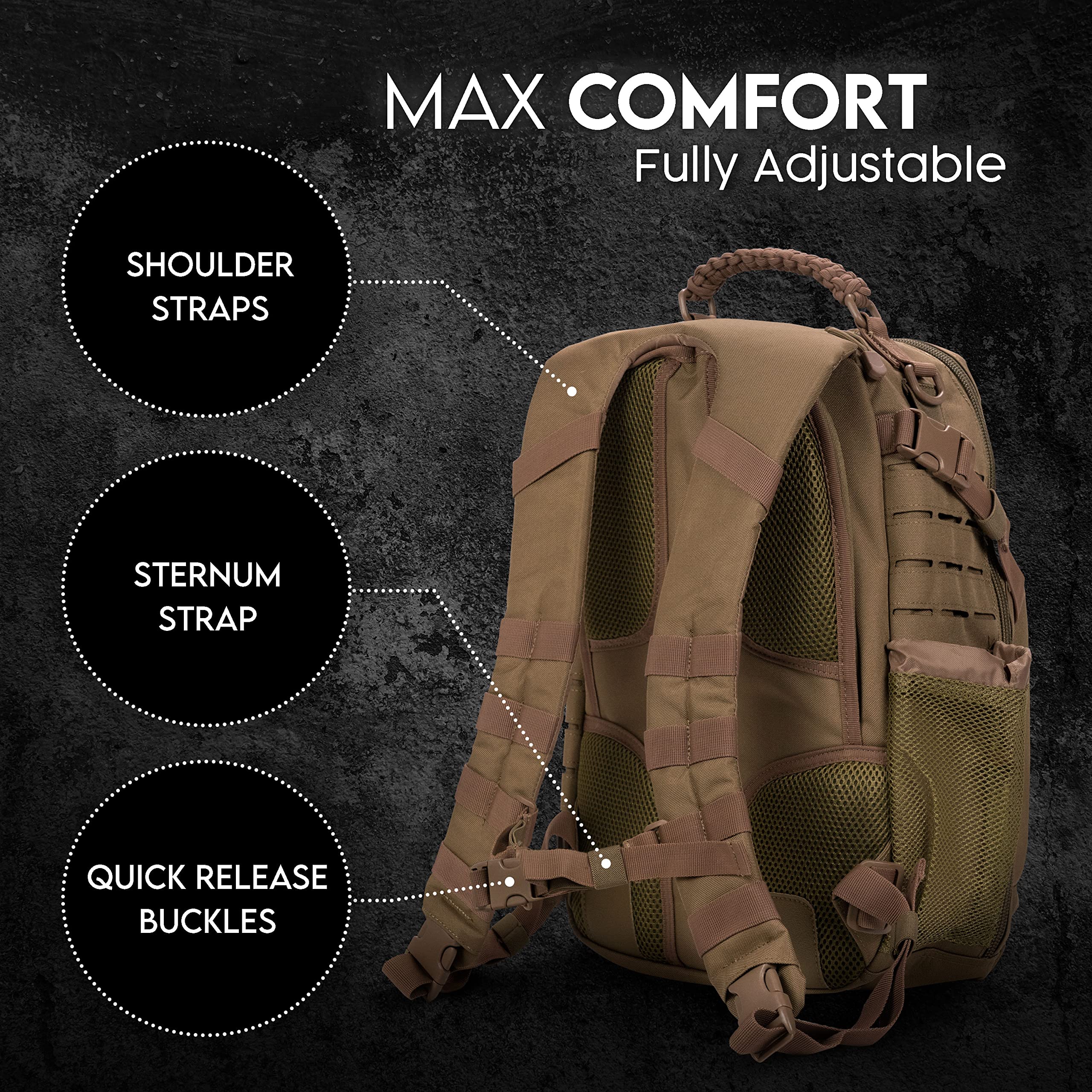 TLO Outdoors TacPack24L Tactical Backpack - 24L Storage, MOLLE, Padded Laptop Sleeve, Water-Resistant Daypack