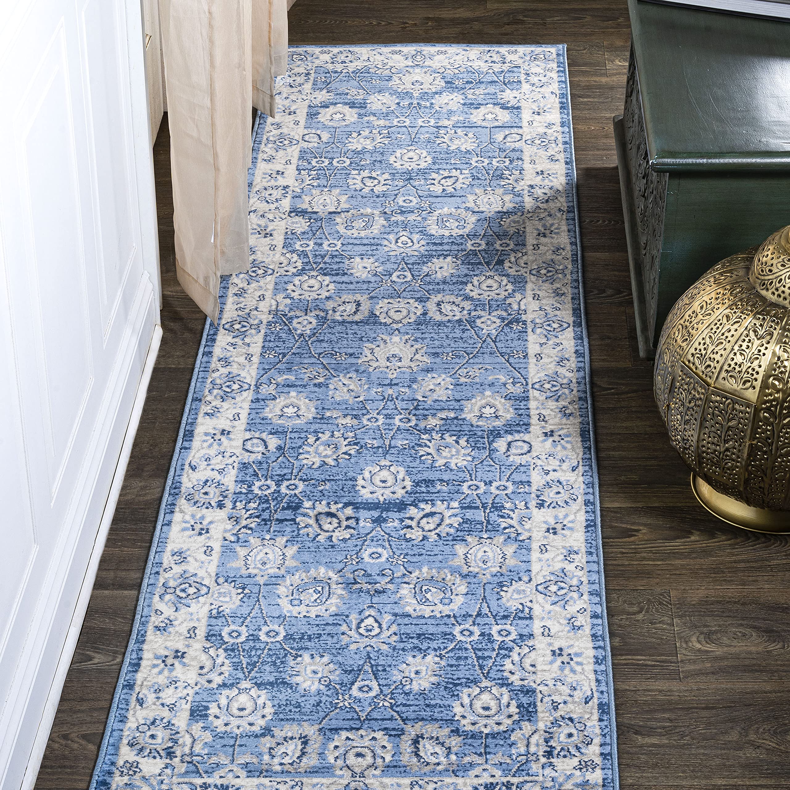 JONATHAN Y Modern Vintage Moroccan Traditional Blue/Ivory Runner Rug, 2x10, Country, Floral, Easy-Cleaning for Living Room, Bedroom, Kitchen, Pet