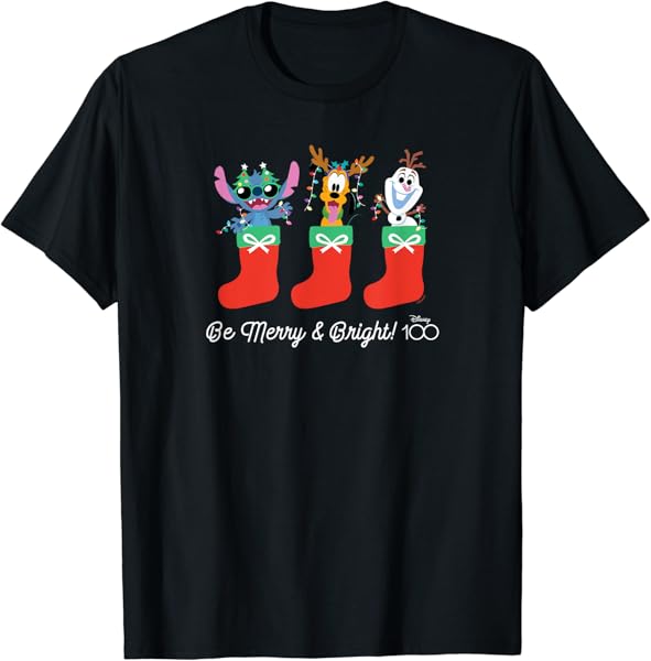 Disney 100 Stitch Pluto Olaf Christmas Be Merry & Bright! T-Shirt
