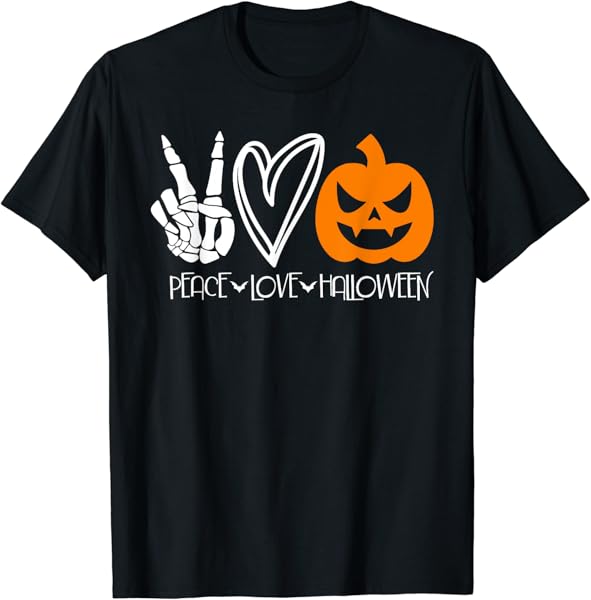 Peace Love Halloween Shirt Funny Skeleton Hand Pumpkin Women T-Shirt