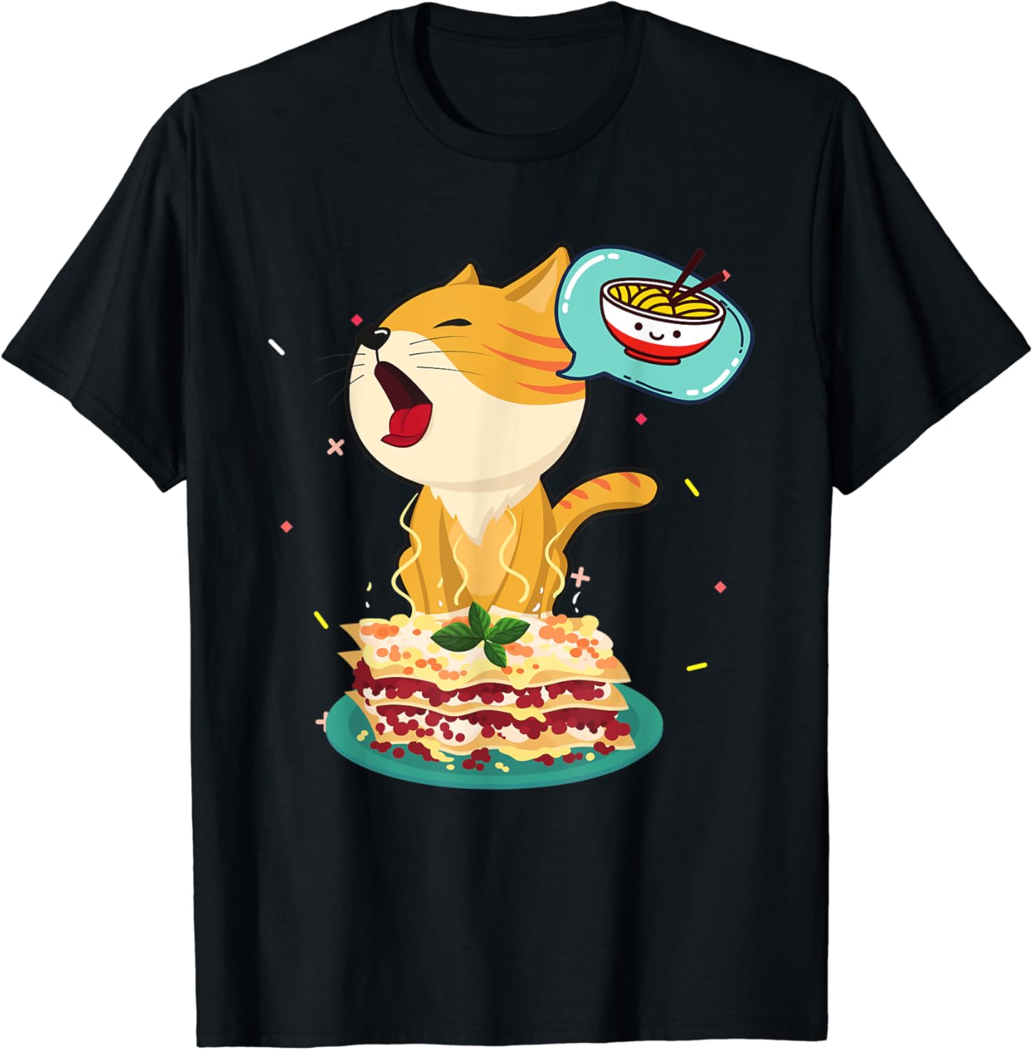 Ramen Cat Eat Lasagna Kawaii Anime Kitty Tee Japanese
