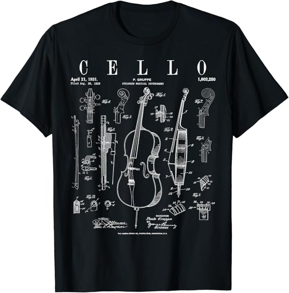Cello Vintage Patent Cellist Drawing Print T-Shirt