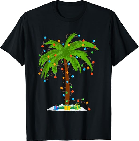 Christmas Beach Palm Tree With Xmas Lights Tropical Santa T-Shirt