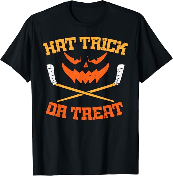 Hat Trick Or Treat Ice Hockey Halloween Boy Men Player Coach T-Shirt