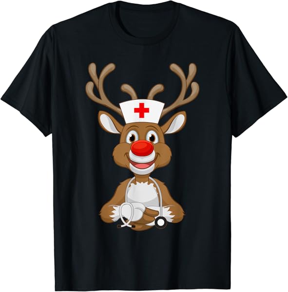 Christmas Scrub Top Reindeer Scrubs Rubber Gloves Nurses T-Shirt