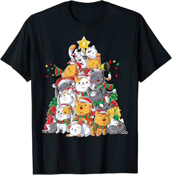 Cat Christmas Tree Xmas Girls Boys Funny Meowy Catmas Santa Short Sleeve, T-Shirt
