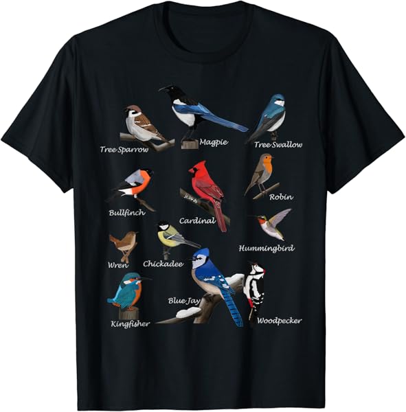 Garden Birds Cardinal Blue Jay Hummingbird Robin Wren Finch T-Shirt
