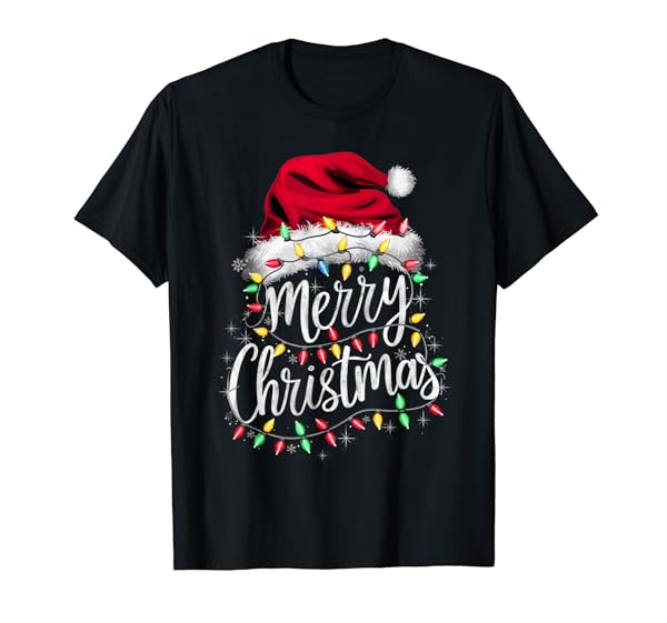 Merry Christmas Lights Red Santa Hat Xmas Family Men Women T-Shirt