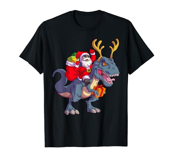Christmas Santa Riding Dinosaur Deer Xmas Kids Boys Men Short Sleeve T-Shirt