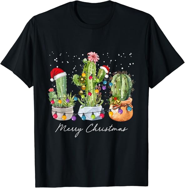 Cactus Christmas Xmas Trees Lights Santa Hat Cactus Lovers T-Shirt