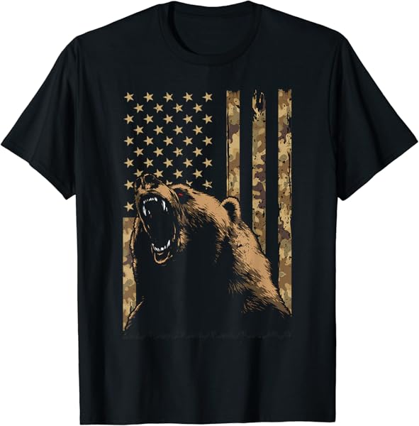 Desert Camo Grizzly Bear Grunge American Flag Tactical USA T-Shirt