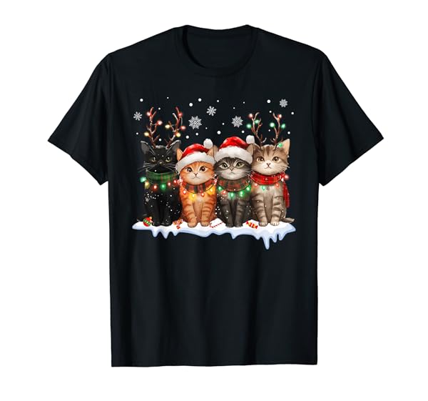 Cat Christmas Light Reindeer Santa Christmas Cat Lover T-Shirt