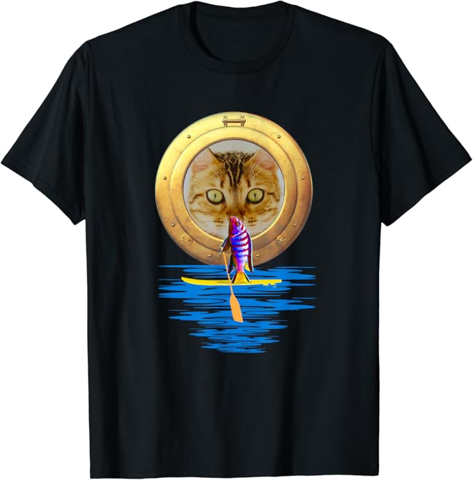 Paddel Shirt Katze beobachtet Fisch auf SUP Board