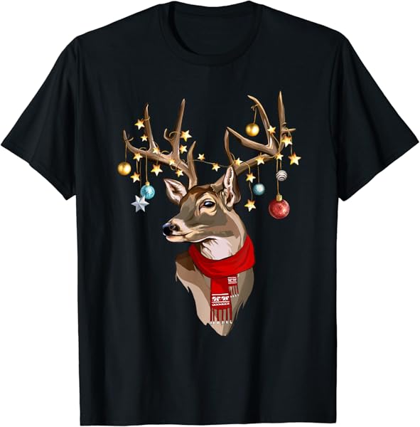 Buck Deer Antlers Christmas Lights Scarf Xmas Party T-Shirt