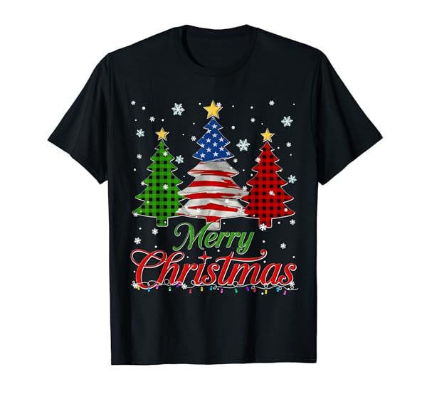 Merry Christmas Tree Plaid US Flag Snowflake Xmas Men T-Shirt