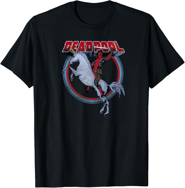Marvel Deadpool Merc Riding A Unicorn Rainbow Circle Premium T-Shirt