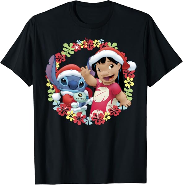 Disney Lilo & Stitch Christmas Hawaiian Flower Wreath T-Shirt