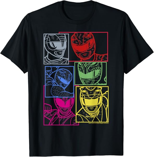 Power Rangers Group Shot Color Silhouette Line Art Panels T-Shirt