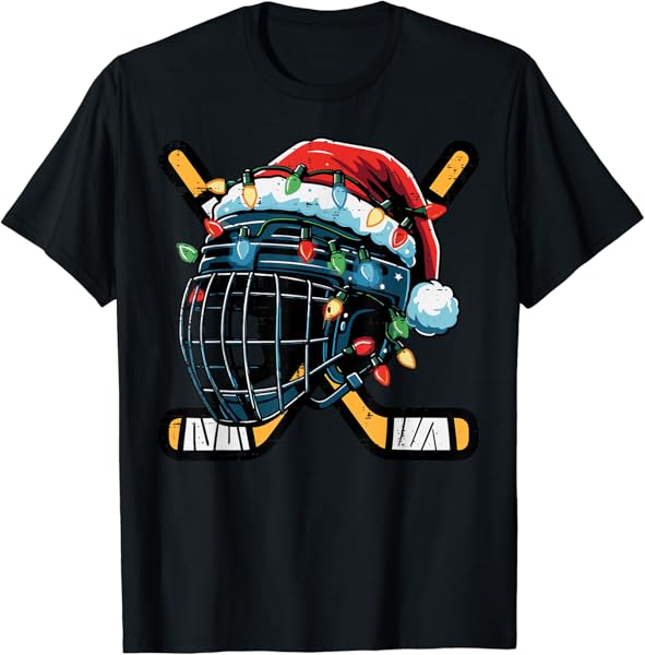 Christmas Ice Hockey Helmet Santa Xmas Men Boys Kids Teen T-Shirt