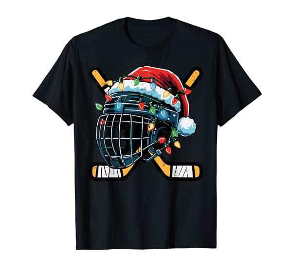 Christmas Ice Hockey Helmet Santa Xmas Men Boys Kids Teen T-Shirt