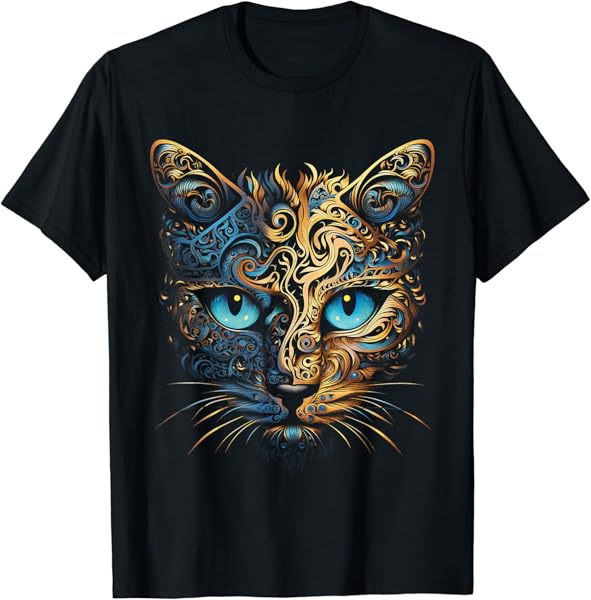 Cat Fantasy Blue Eyes Mandala Animal Art Cat T-Shirt
