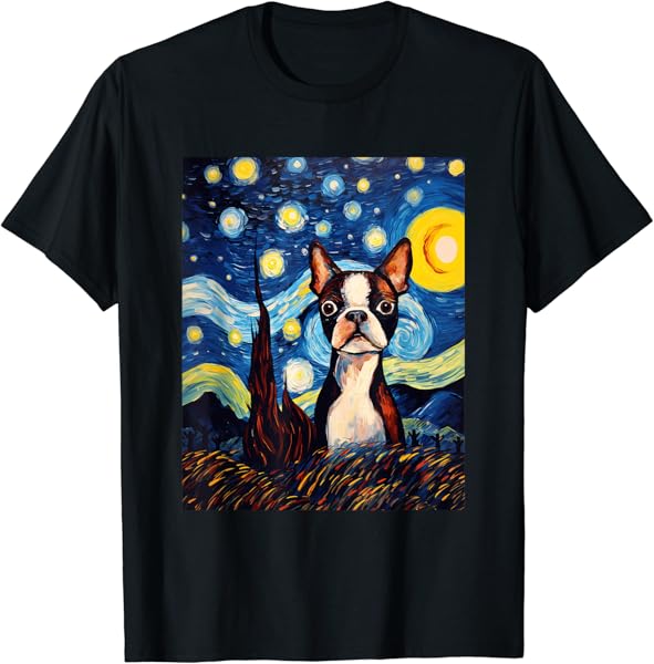 Boston Terrier Starry Night Van Gogh Art T-Shirt