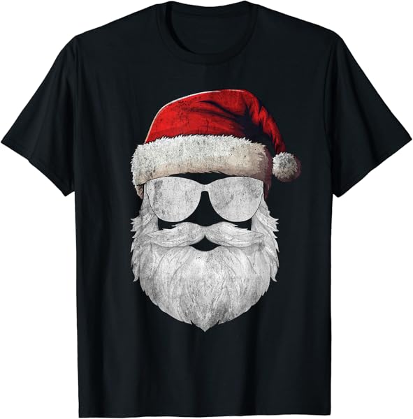 Santa Claus Face Sunglasses Beard & Christmas Hat Funny Xmas T-Shirt