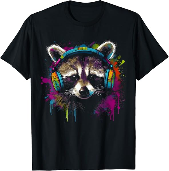 Raccoon Music Headphones Colourful Animal Motif Art Raccoon T-Shirt