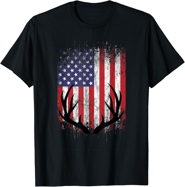 Deer Hunting American Flag Whitetail Buck Antlers Short Sleeve T-Shirt