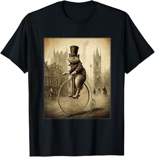 Funny Cat Top Hat Riding Penny Farthing Bicycle Cute Vintage T-Shirt for Men Women Kids