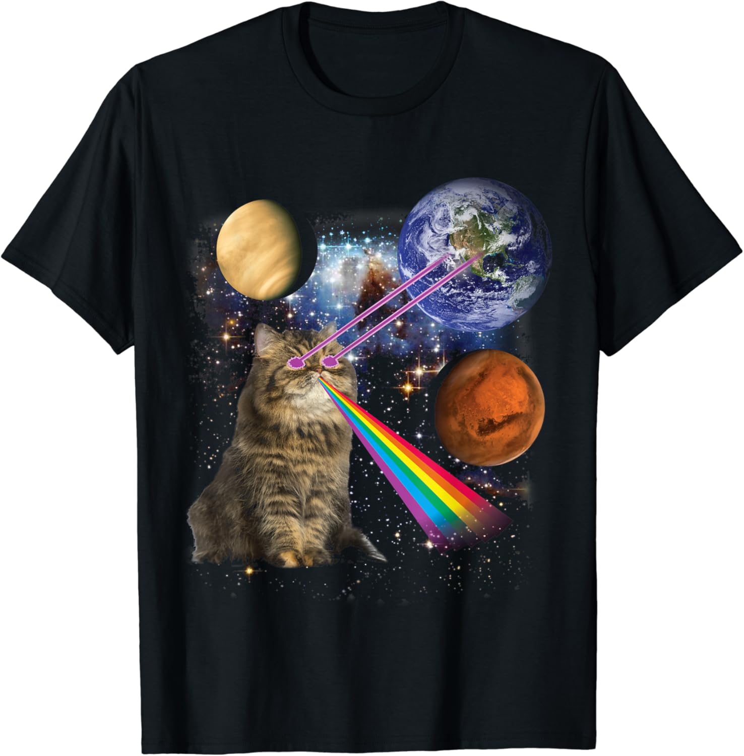 Cat Shooting Laser and Rainbow in Galaxy Space, TShirt Clothing