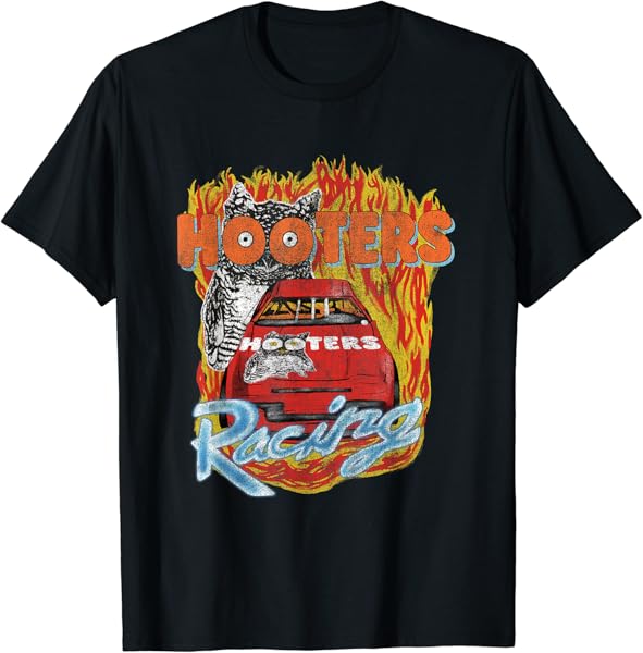 Hooters Adult Classic Fit Racing Flames T-Shirt - Hooded Neck, Sleeveless, Black, Polyester & Cotton