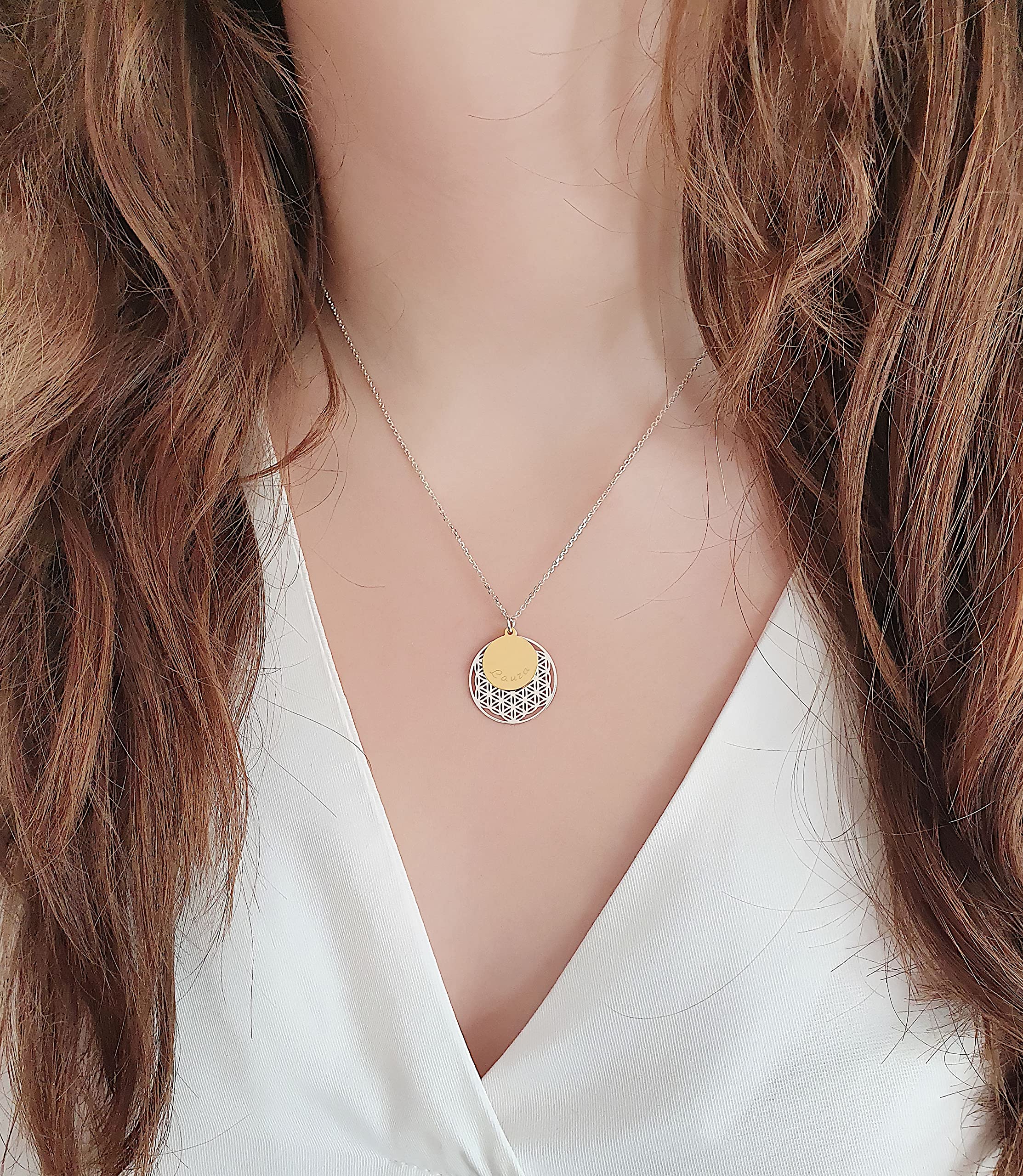 Lebensblume Halskette bicolor mit Gravur - 925 Silber teils vergoldet - personalisierbar