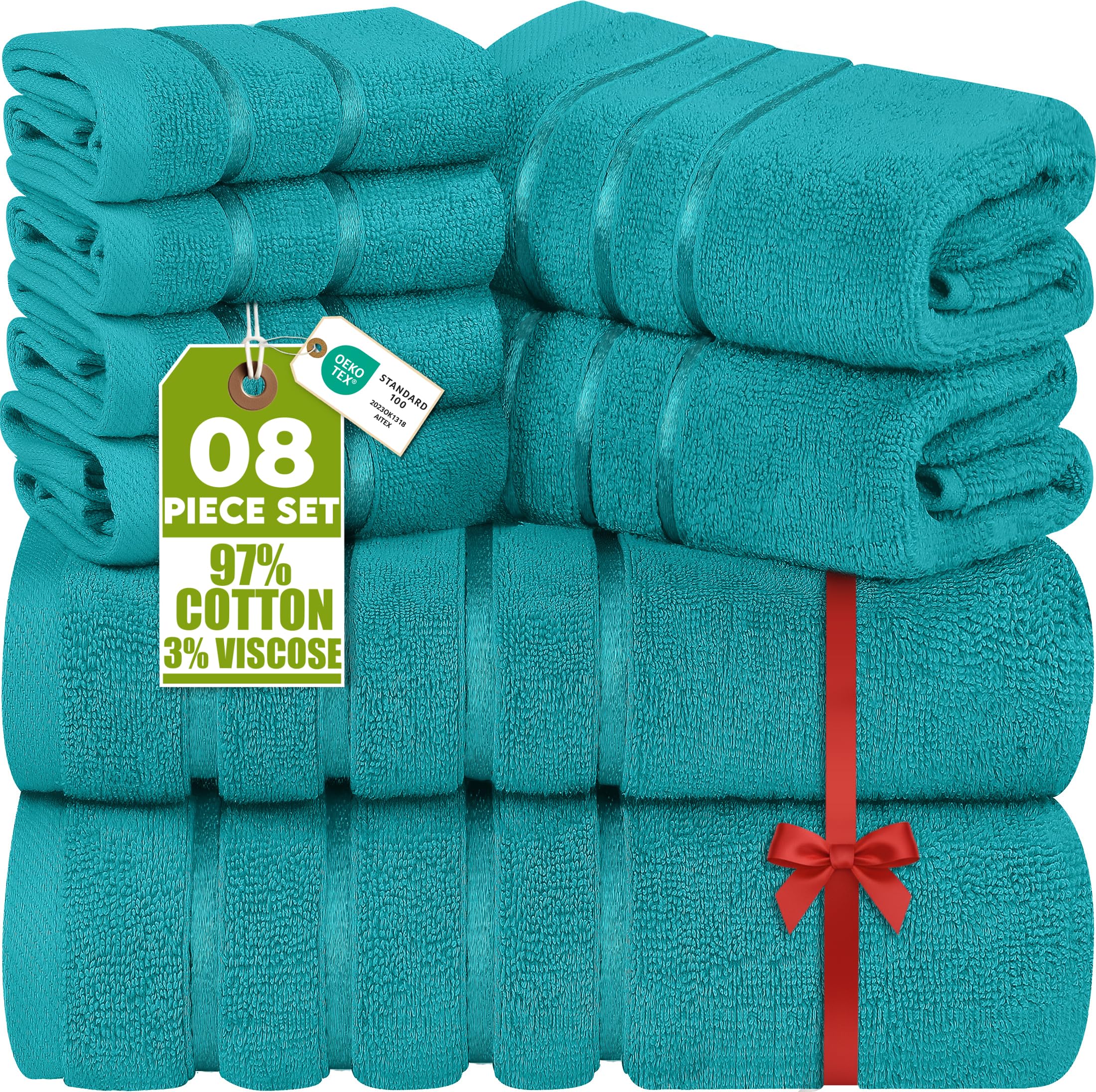 Utopia Towels 8 Piece Luxury Towel Set, 2 Bath, 2 Hand, and 4 Wash Cloths, 600 GSM Ring Spun Cotton, Highly Absorbent Viscose Stripe Towels, Ideal for Everyday use, Turquoise