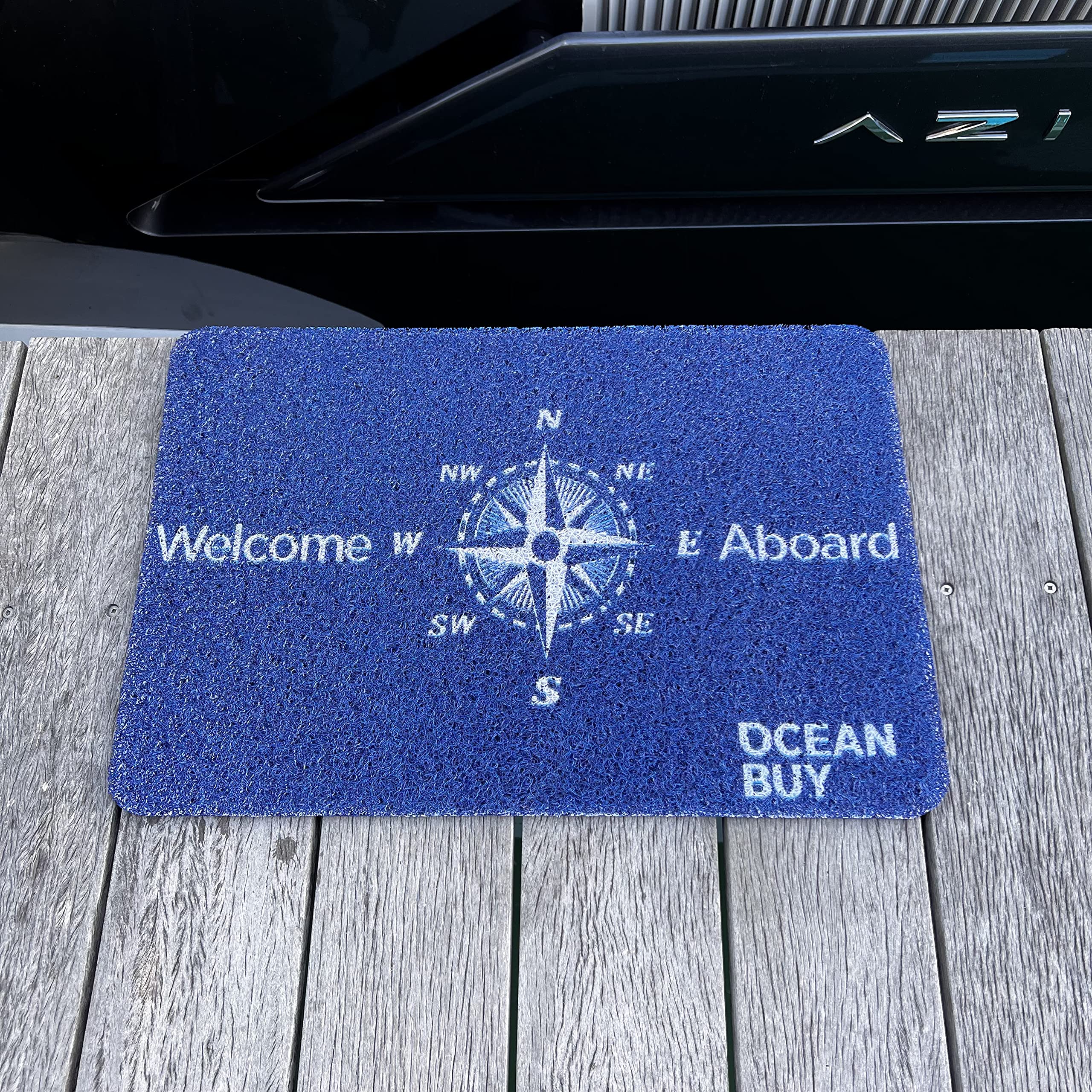 OCEAN BUYWelcome Aboard Boat Doormat 17x24.5 inches - Non-Slip Marine Door Rugs for Boat Floor, Machine-Woven, White Script Lettering - Easy to Clean, Indoor/Outdoor Boat Entrance Mats (Compass)