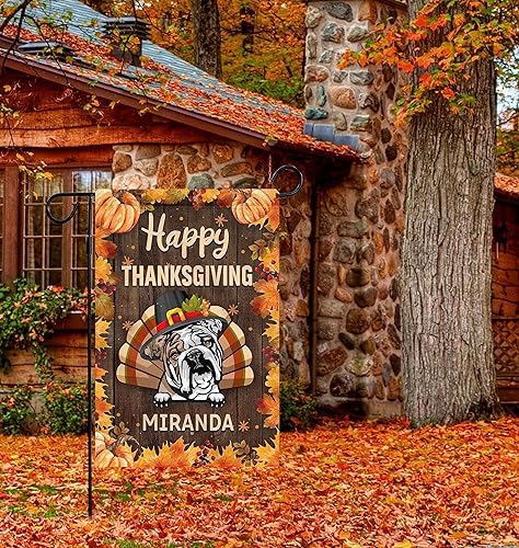 Miniatura 2 de Bandera de bulldog inglés de bienvenida para perro exterior, calabaza, hoja de arce, feliz Acción de Gracias, banderas verticales de doble cara para