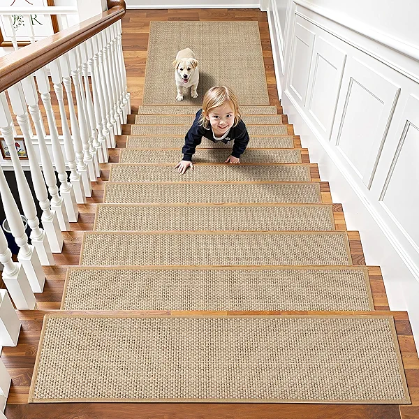 Chenille Stair Treads Non Slip 15pcs Stair Runner for Wooden Steps Rubber Backing Stairs Carpet Treads Indoor Staircase Covers Mat with Rubber Backing for Pets and Kids 8"X30" Beige