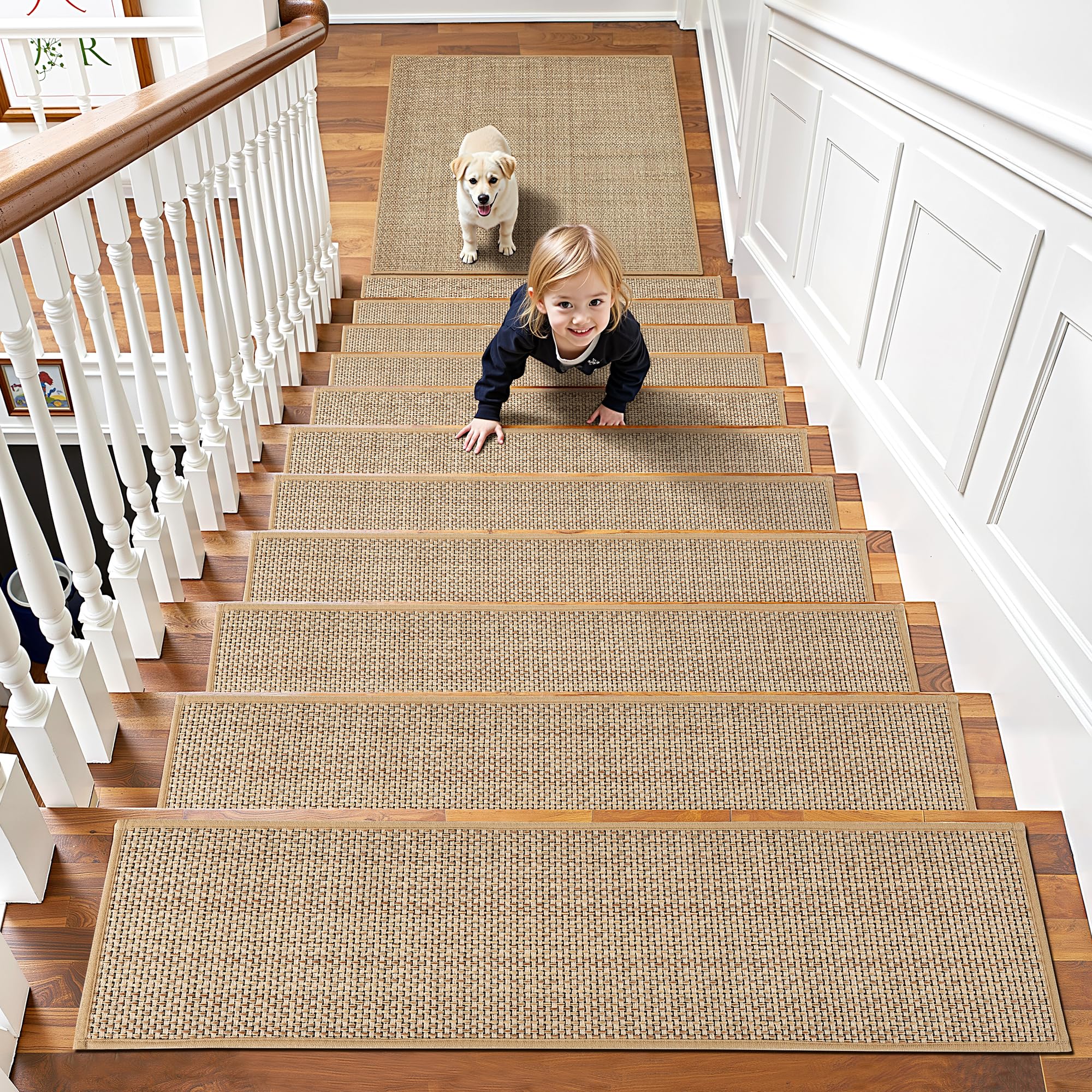 Chenille Stair Treads Non Slip 15pcs Stair Runner for Wooden Steps Rubber Backing Stairs Carpet Treads Indoor Staircase Covers Mat with Rubber Backing for Pets and Kids 8"X30" Beige