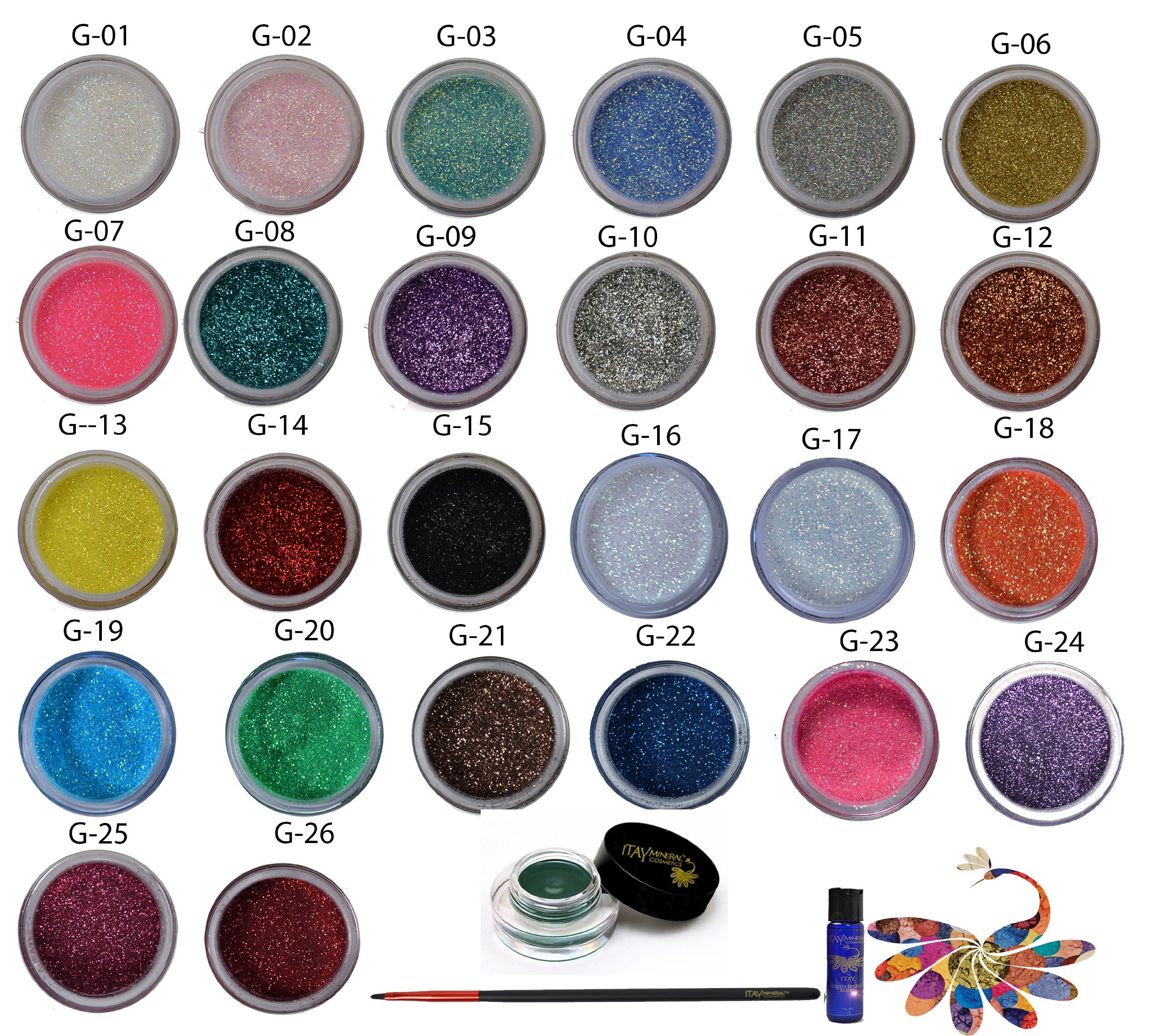 26 Itay Mineral Cosmetics Glitters +Itay Liquid Sparkel Bond (Glitter Glue) +Itay Gel Eye Liner -Green +Eye Liner Brush
