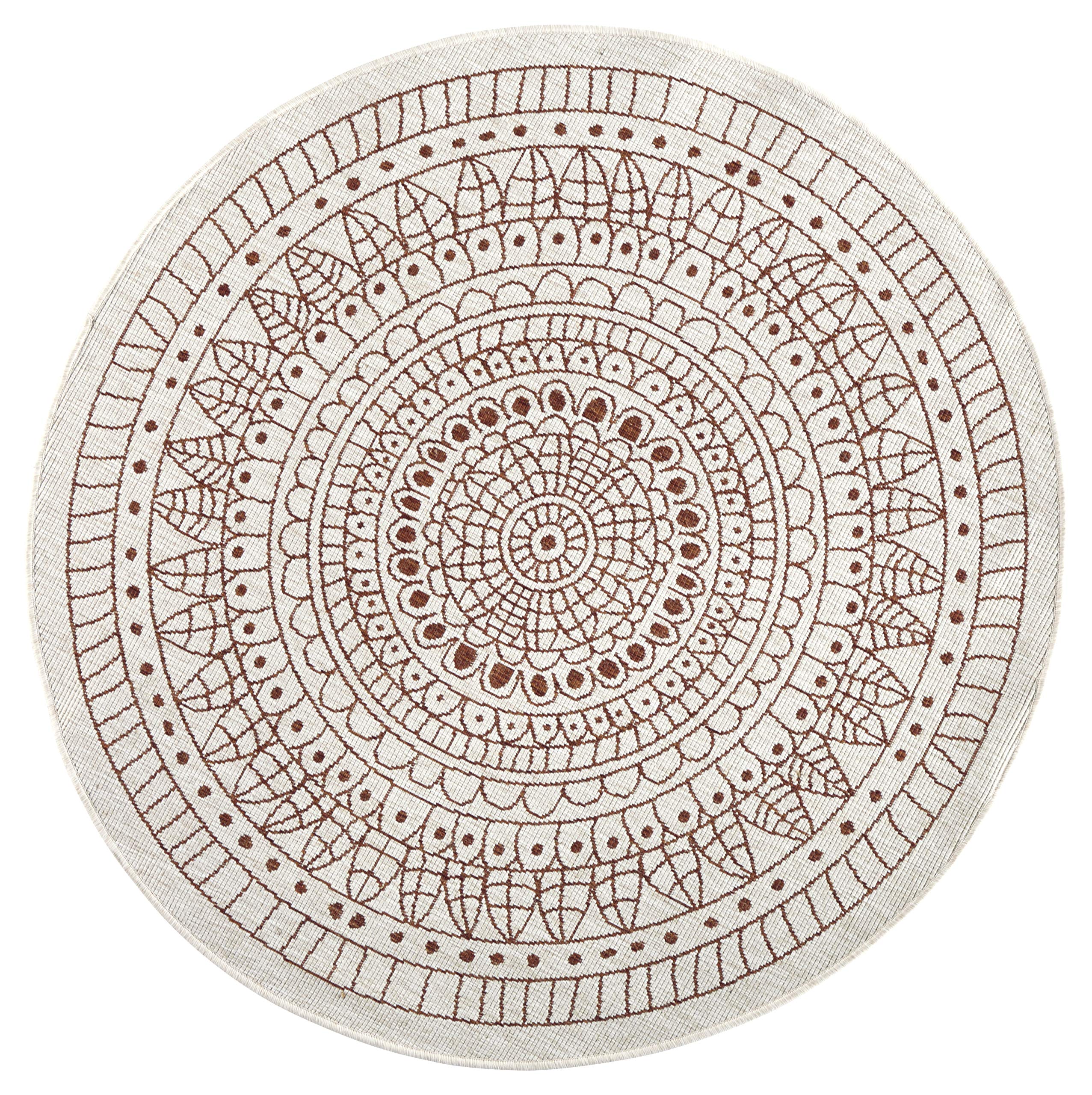 Hanse Home Northrugs Porto In- und Outdoor Teppich Rund – Runder Wendeteppich Wasserfest Mandala Design Flachgewebe Teppich Wetterfest für Balkon, Terrasse, Garten, Wohnzimmer in Terra Creme, ⌀100cm