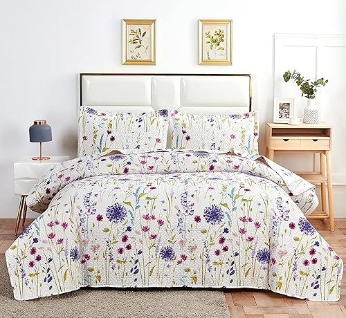 Juego de ropa de cama ultrasónica de 3 piezas con estampado floral lavanda colcha reversible tamaño Queen 90 x 90 pulgadas diseño botánico de flores