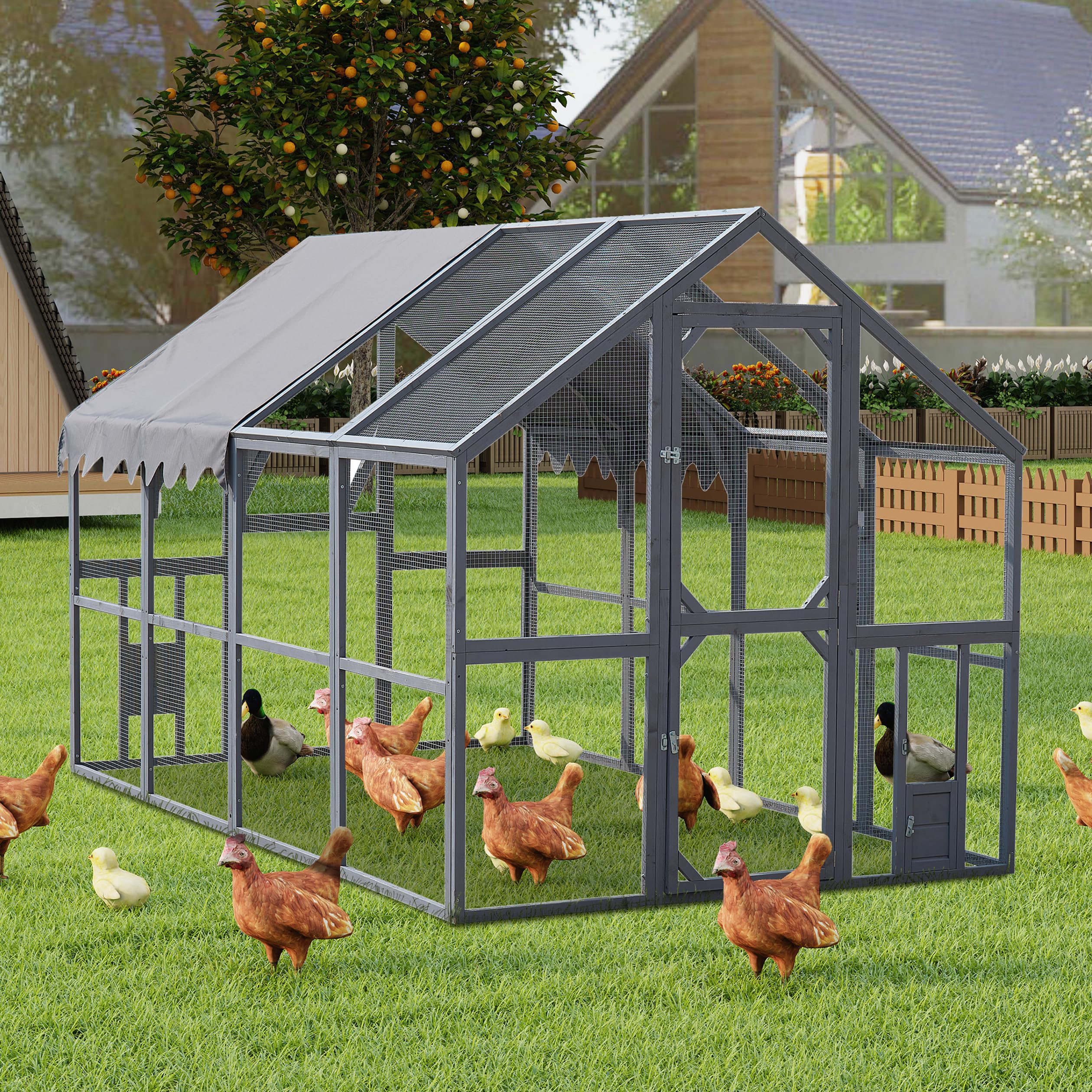 YOPTO 109.6'' Large Wood Chicken Coop Enclosures,Walk-in Poultry Cage, Chicken Run Pen Duck House with Waterproof and Anti-Ultraviolet Cover for